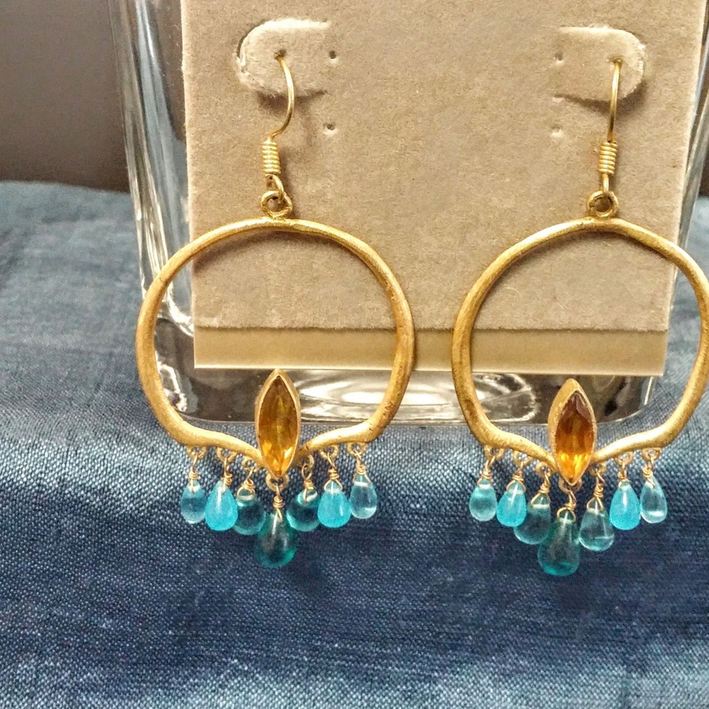 Boho Festival Gold Topaz And Amber Hoop Earrings - Picture 2 of 5